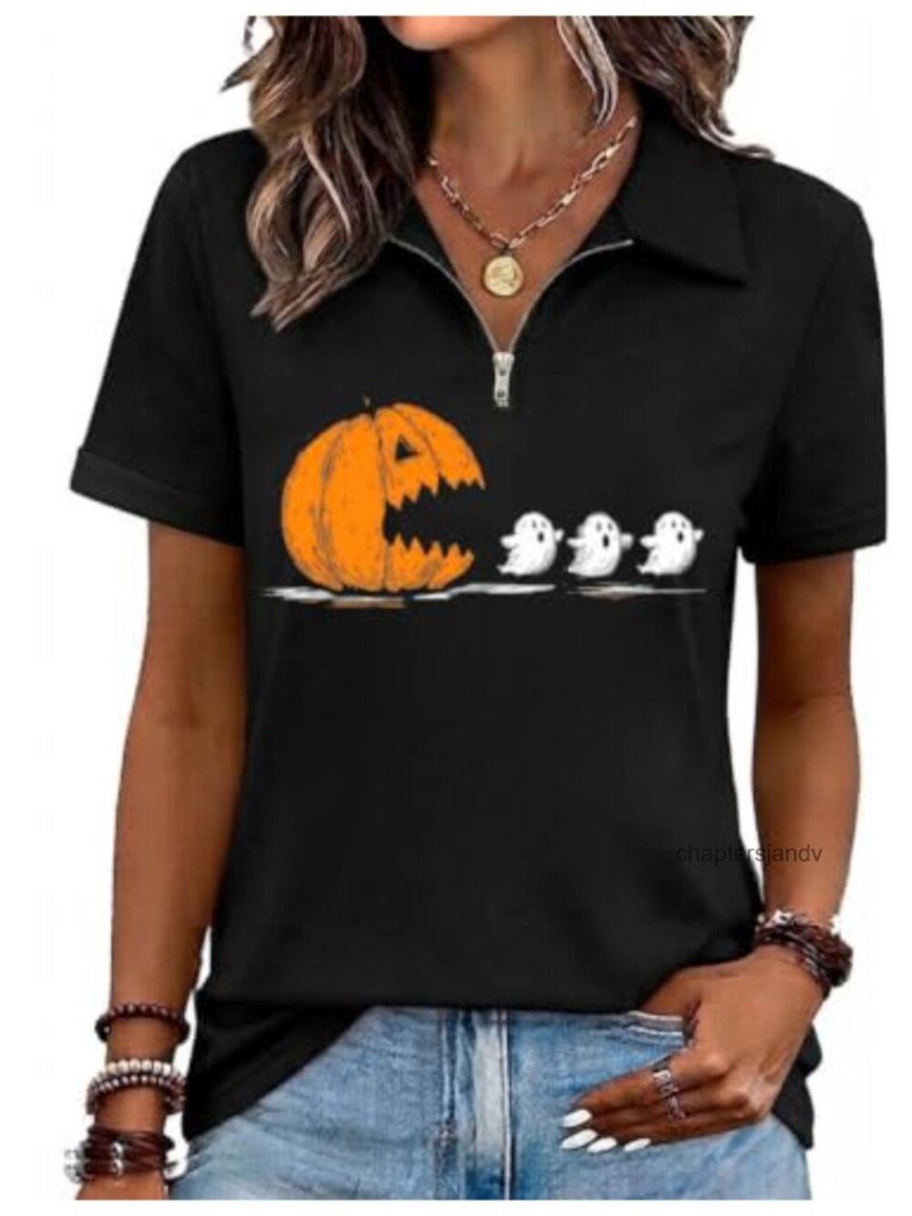 Witch Graphic Tee Quarter Zip V-Neck Short Sleeve Halloween Festival Top